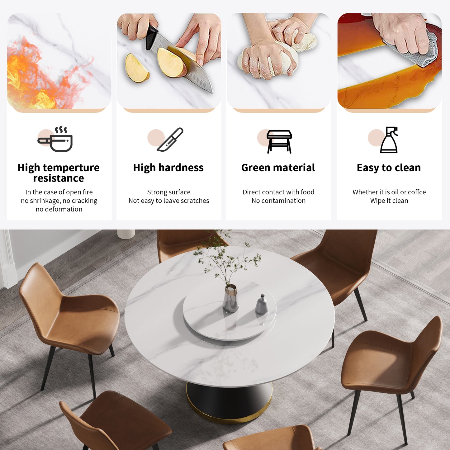 White marble dining table with gold base and brown chairs