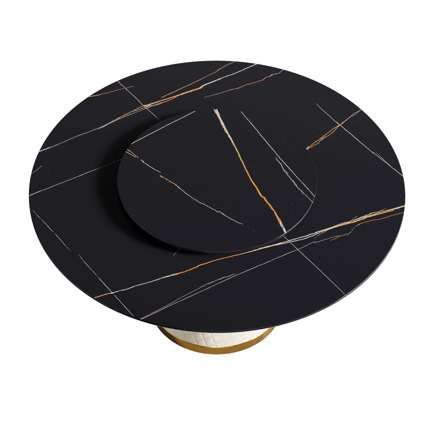Black marble coffee table with gold and white veining and a stacked design