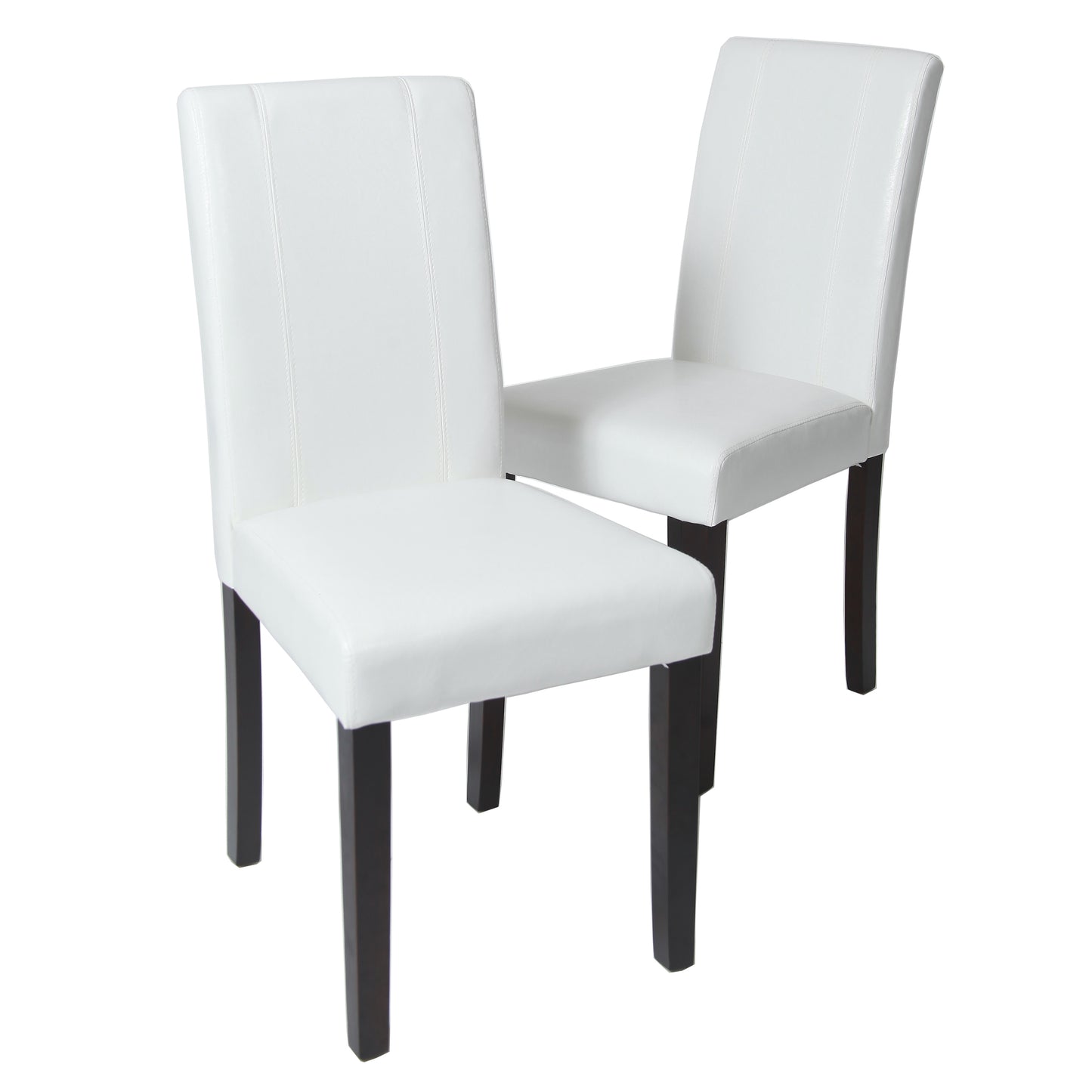 Modern white faux leather dining chair with dark wood legs