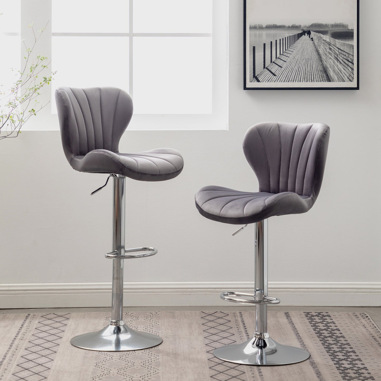 Gray velvet tufted bar stool with adjustable chrome base