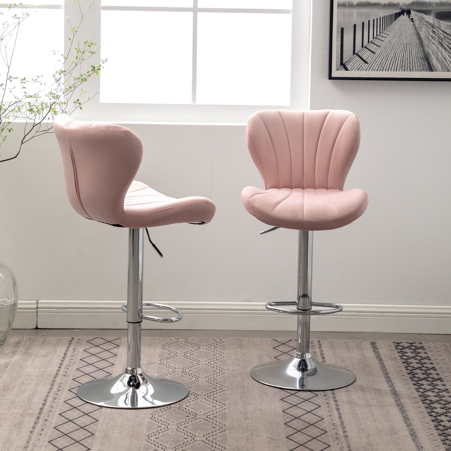 Pink velvet adjustable bar stool with shellshaped back