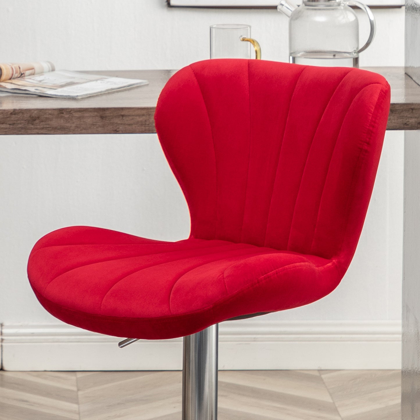 Red velvet bar stool with scalloped back