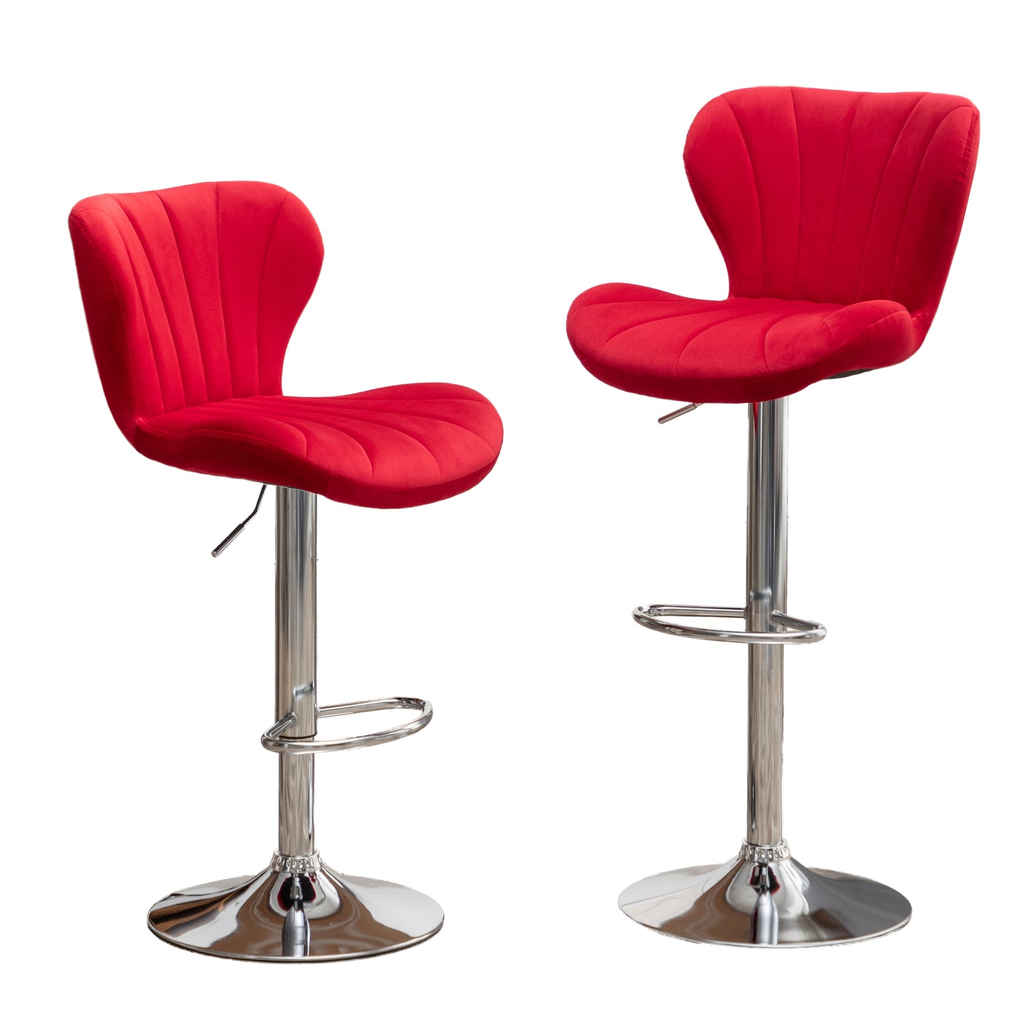 Red velvet bar stool with chrome base and adjustable height