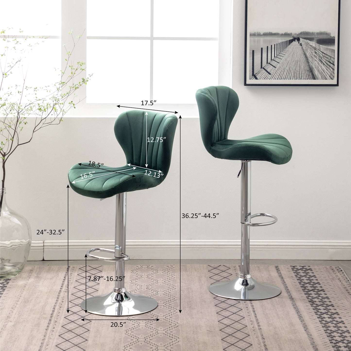 Green velvet bar stool with adjustable height and chrome base