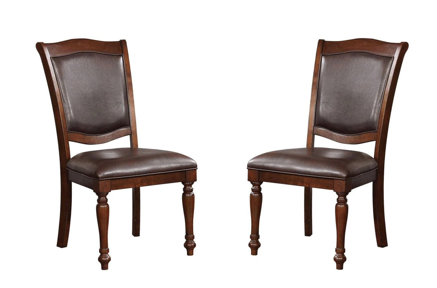 Two dark brown upholstered dining chairs with wooden frames