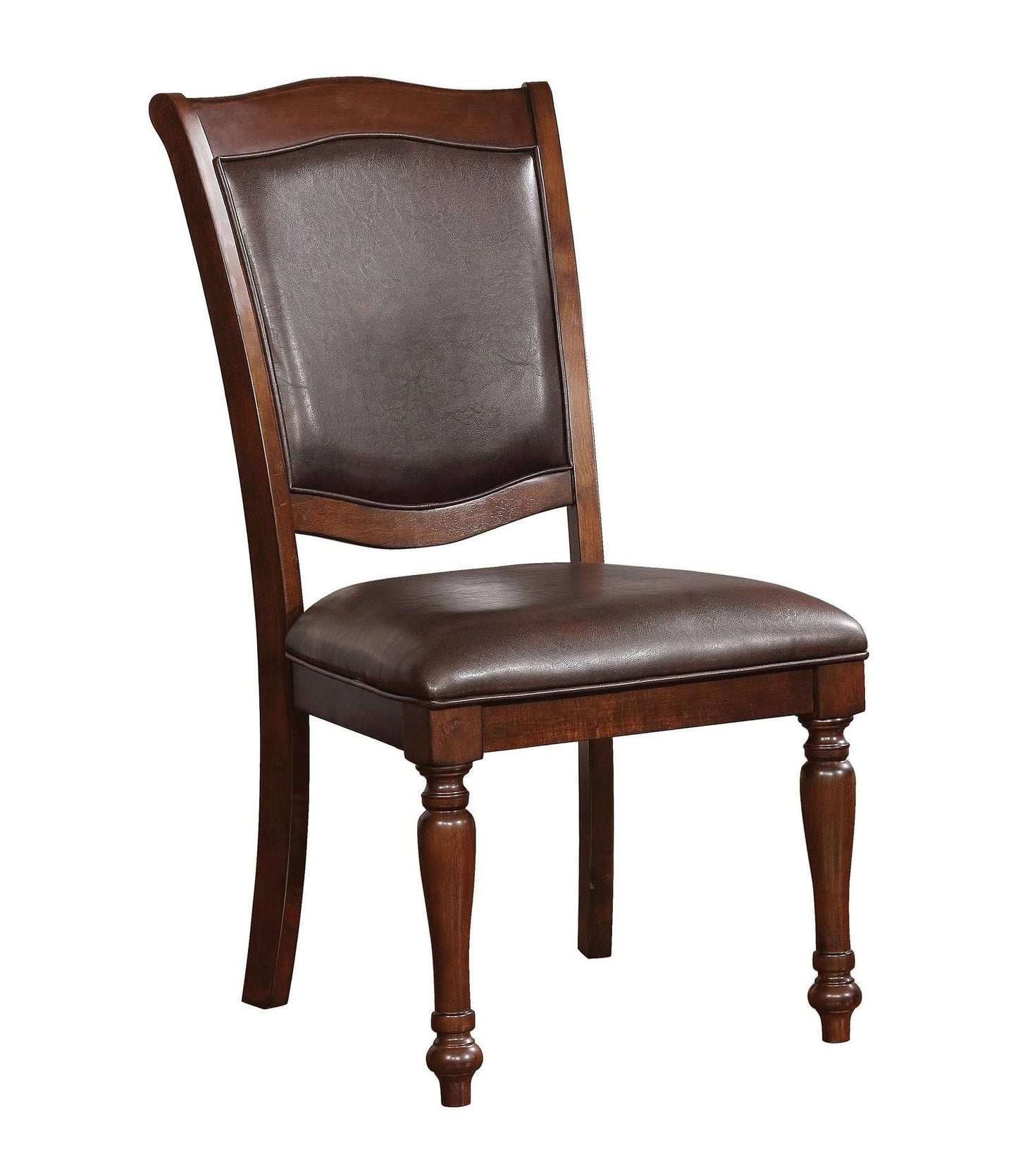 Brown leather upholstered wooden dining chair with carved legs