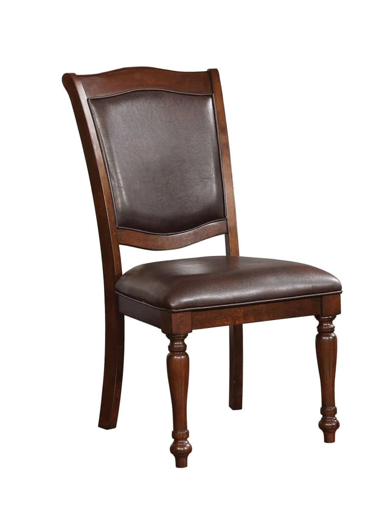 Dark brown leather upholstered wooden dining chair with carved legs