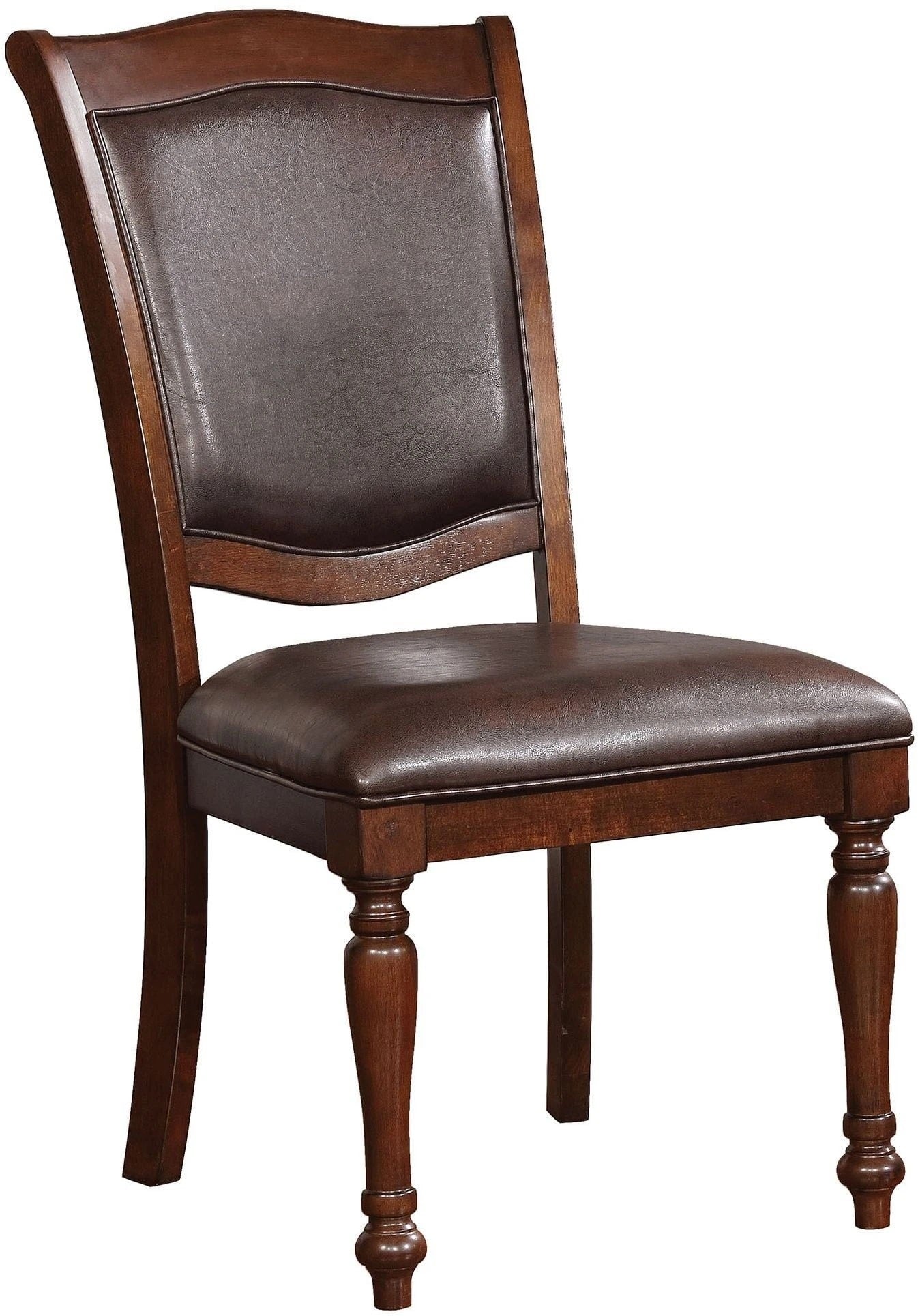 Dark brown leather upholstered dining chair with carved wooden frame
