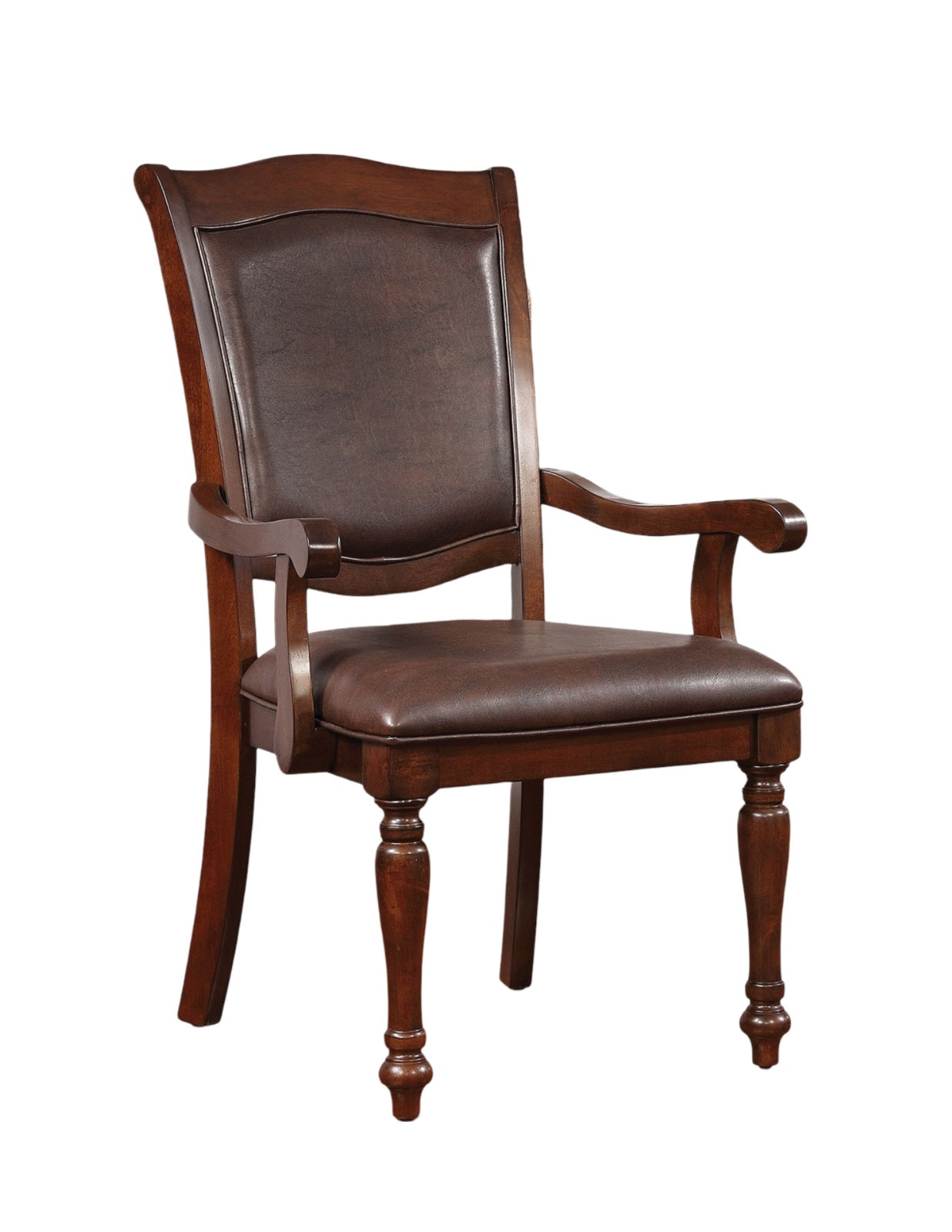 Traditional dark brown leather armchair with carved wooden legs