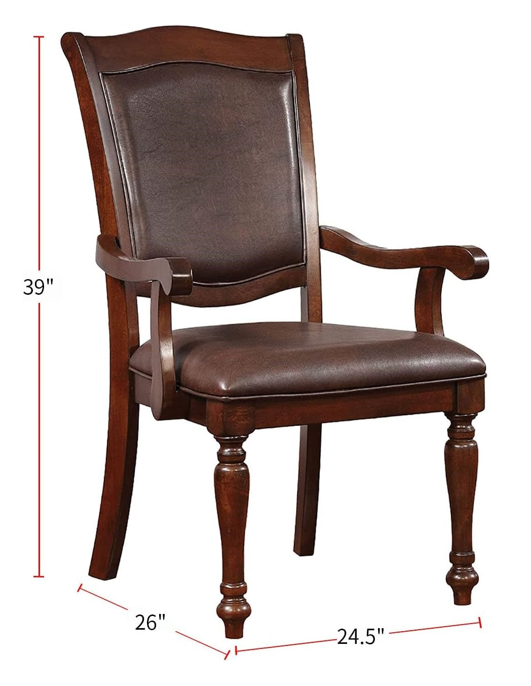 Dark brown upholstered arm chair with carved wood frame
