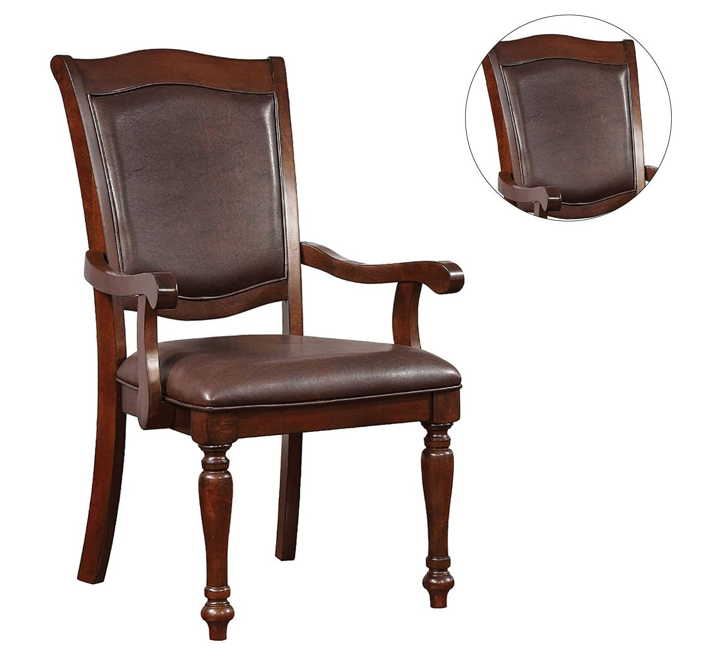 Dark brown upholstered armchair with wooden frame and carved legs
