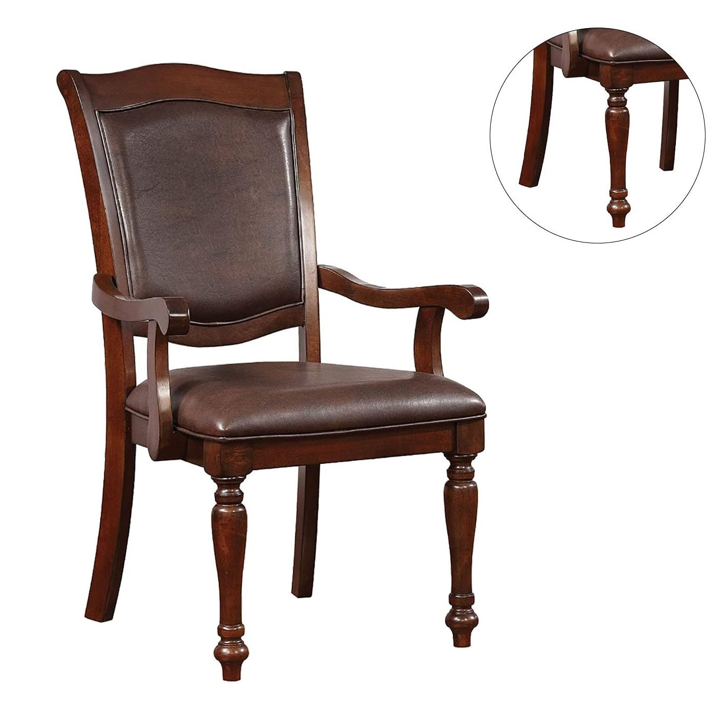 Dark brown upholstered arm dining chair with turned legs