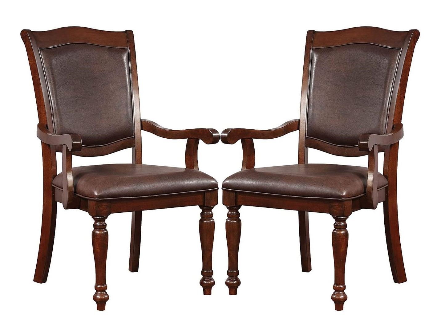 Dark brown leather dining chairs with turned legs and carved wood frames