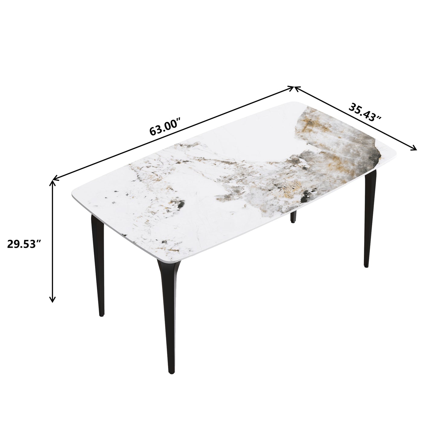 Rectangular dining table with white marblelook top and black tapered legs