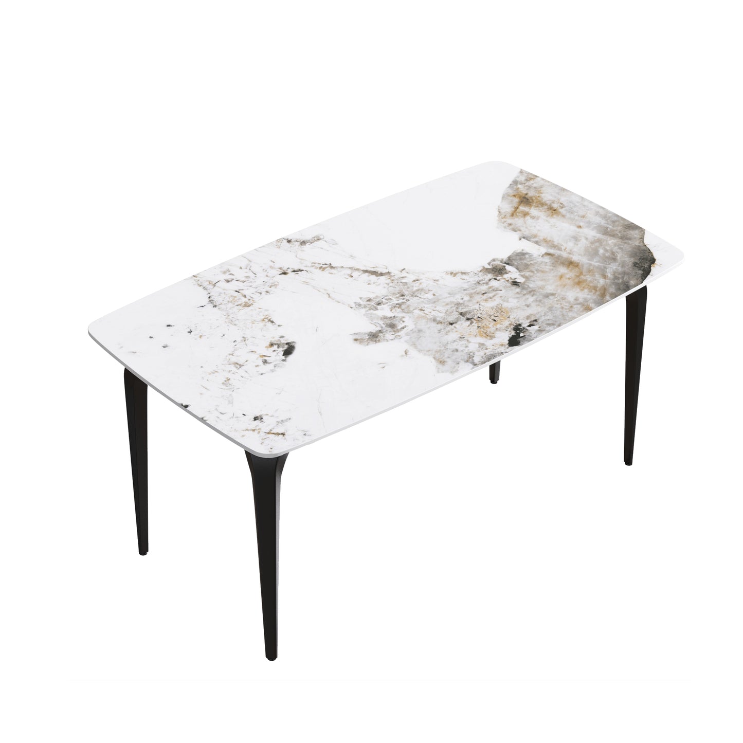 Rectangular white marble dining table with black tapered legs