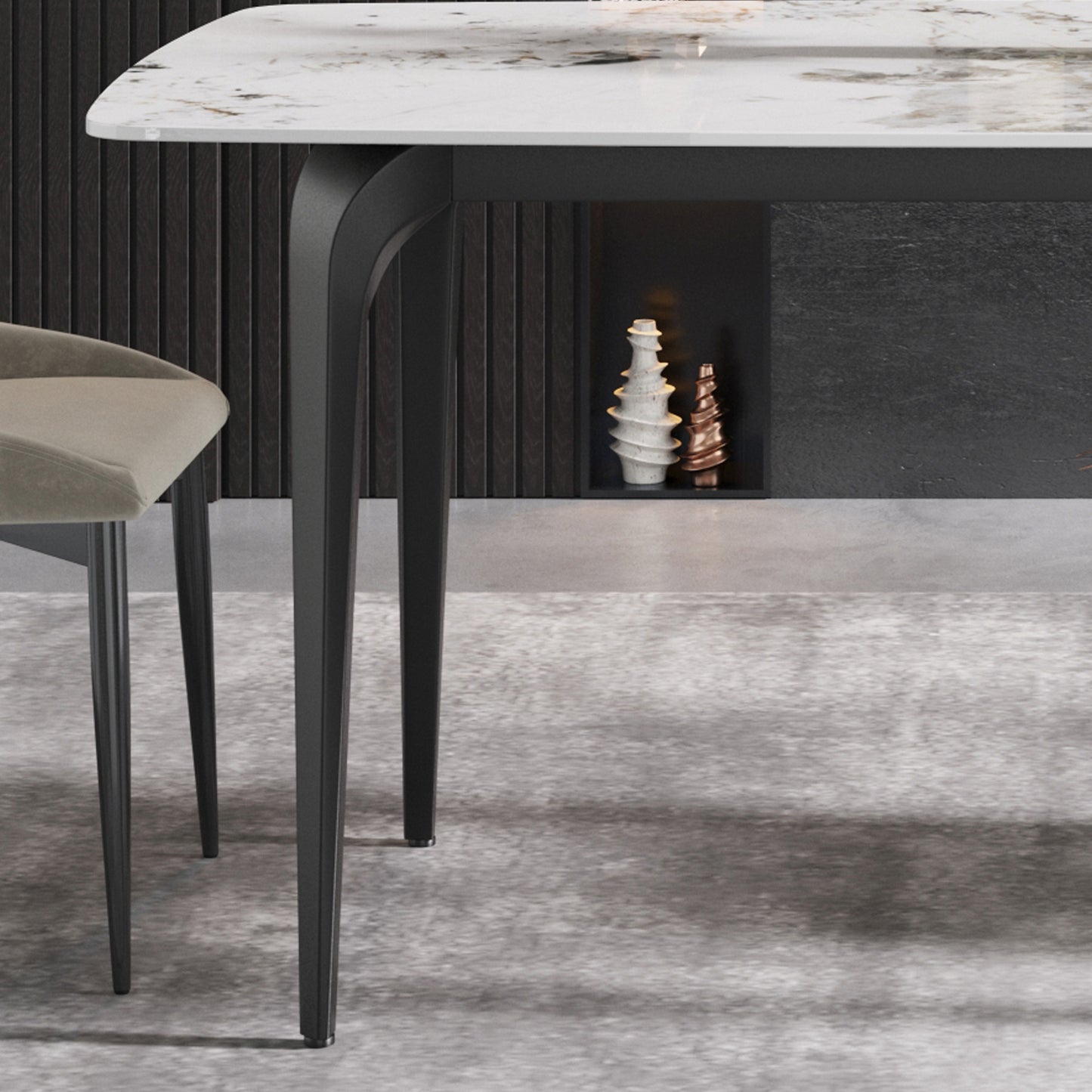 Modern dining table with white marble top and sleek black legs