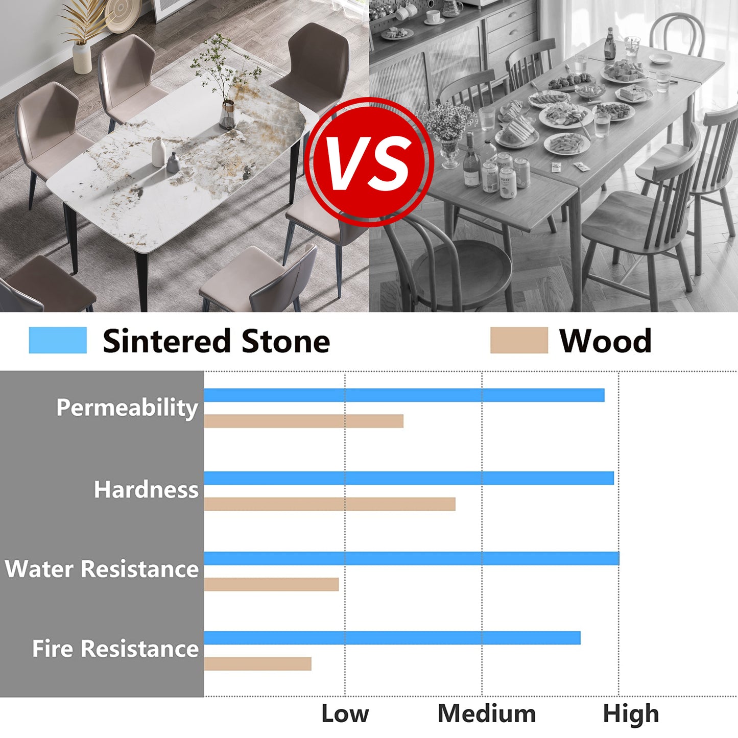 Sintered stone dining table with marblelike veining and upholstered chairs