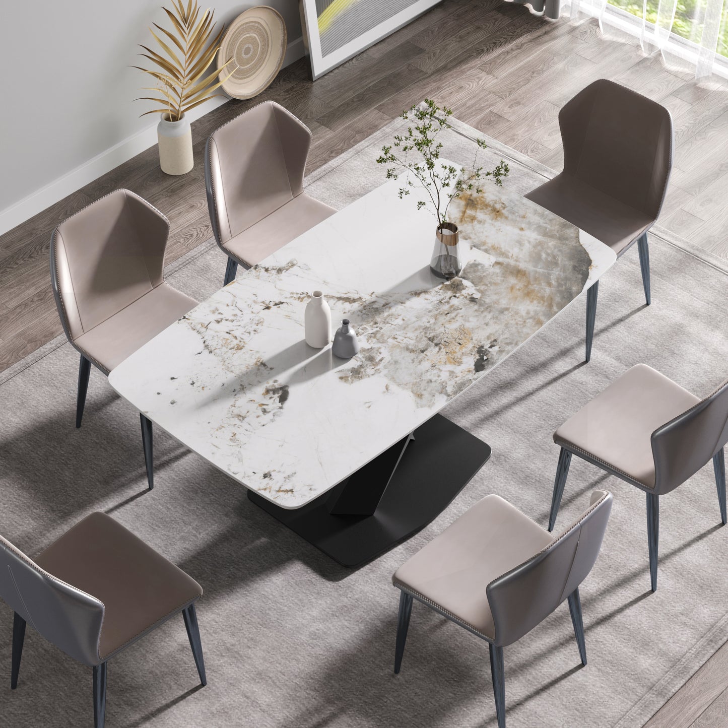 Modern dining set with white marblelook table and taupe chairs