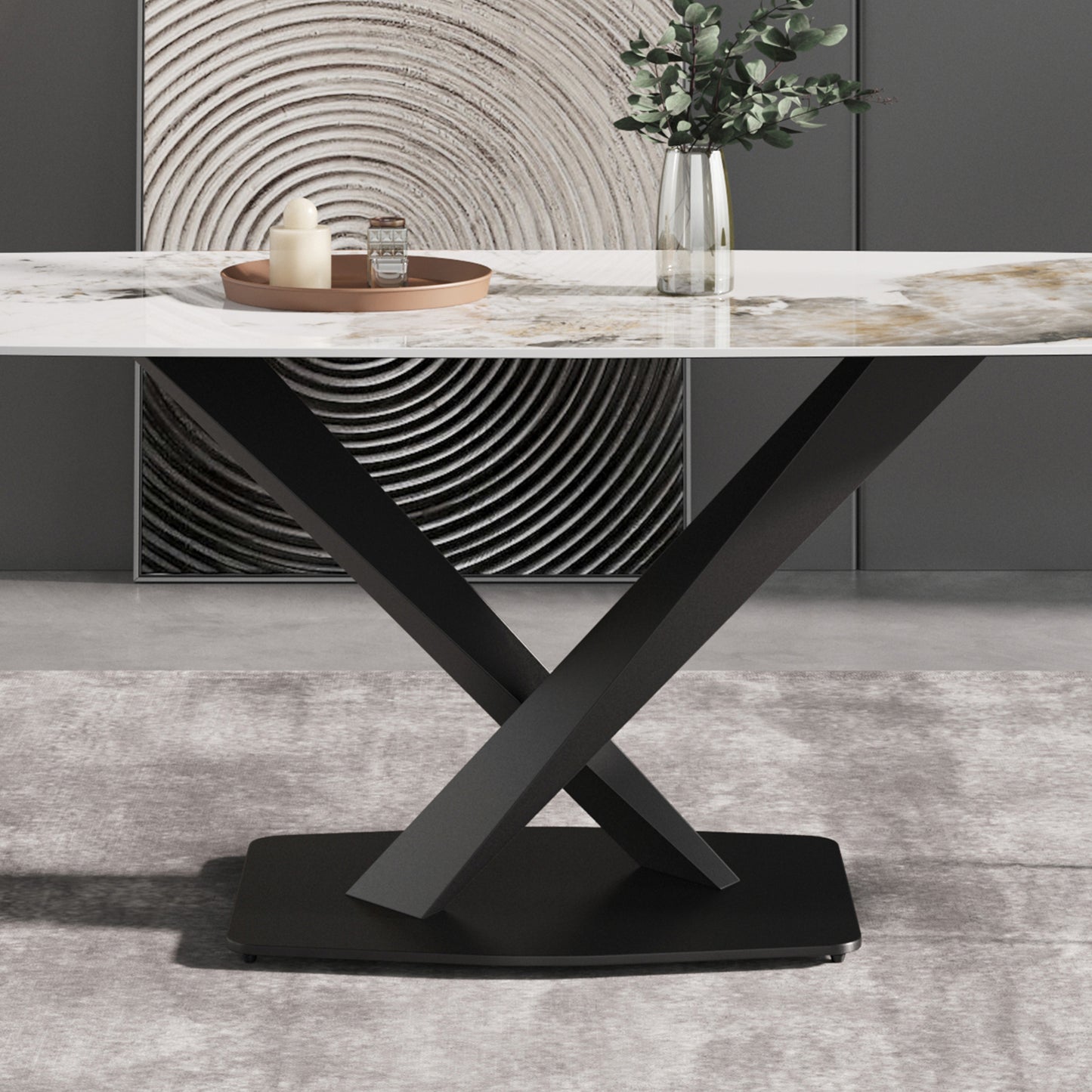 Modern dining table with white marble top and matte black Xshaped pedestal base