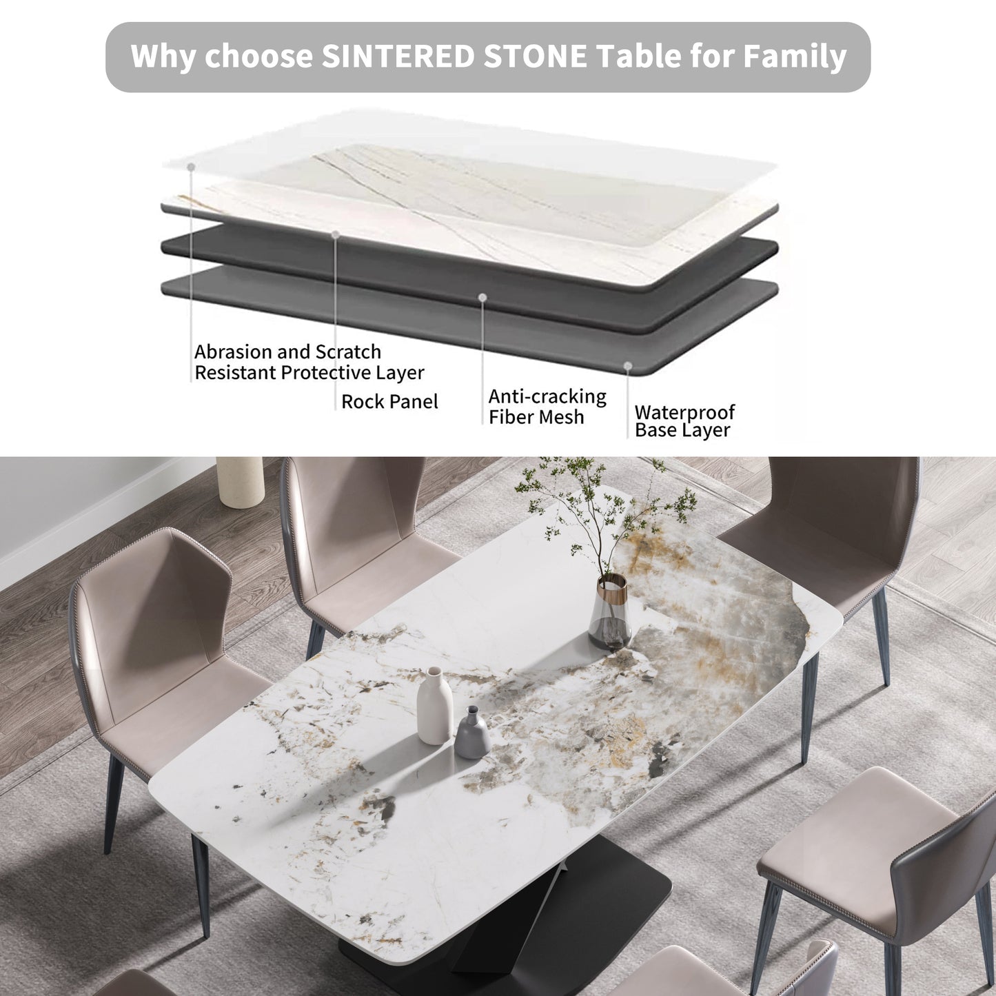 Modern sintered stone dining table with marblelike pattern and grey chairs