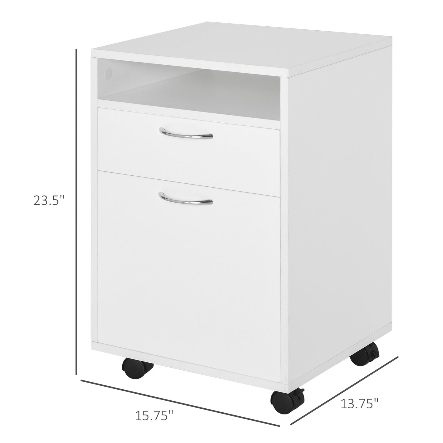 White rolling filing cabinet with two drawers and an open shelf compartment