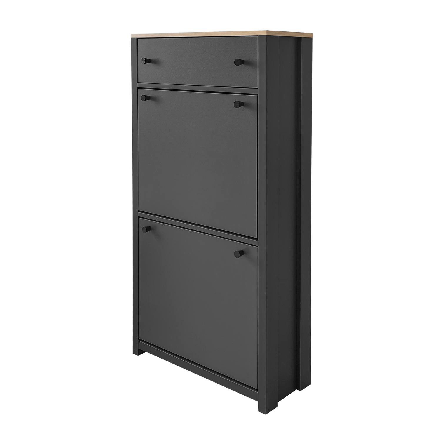 Sleek dark gray entryway shoe cabinet with two flipdown doors and a drawer