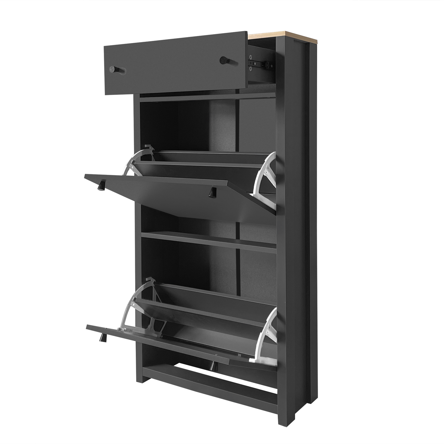 Dark gray shoe cabinet with three tilting shoe shelves and one drawer