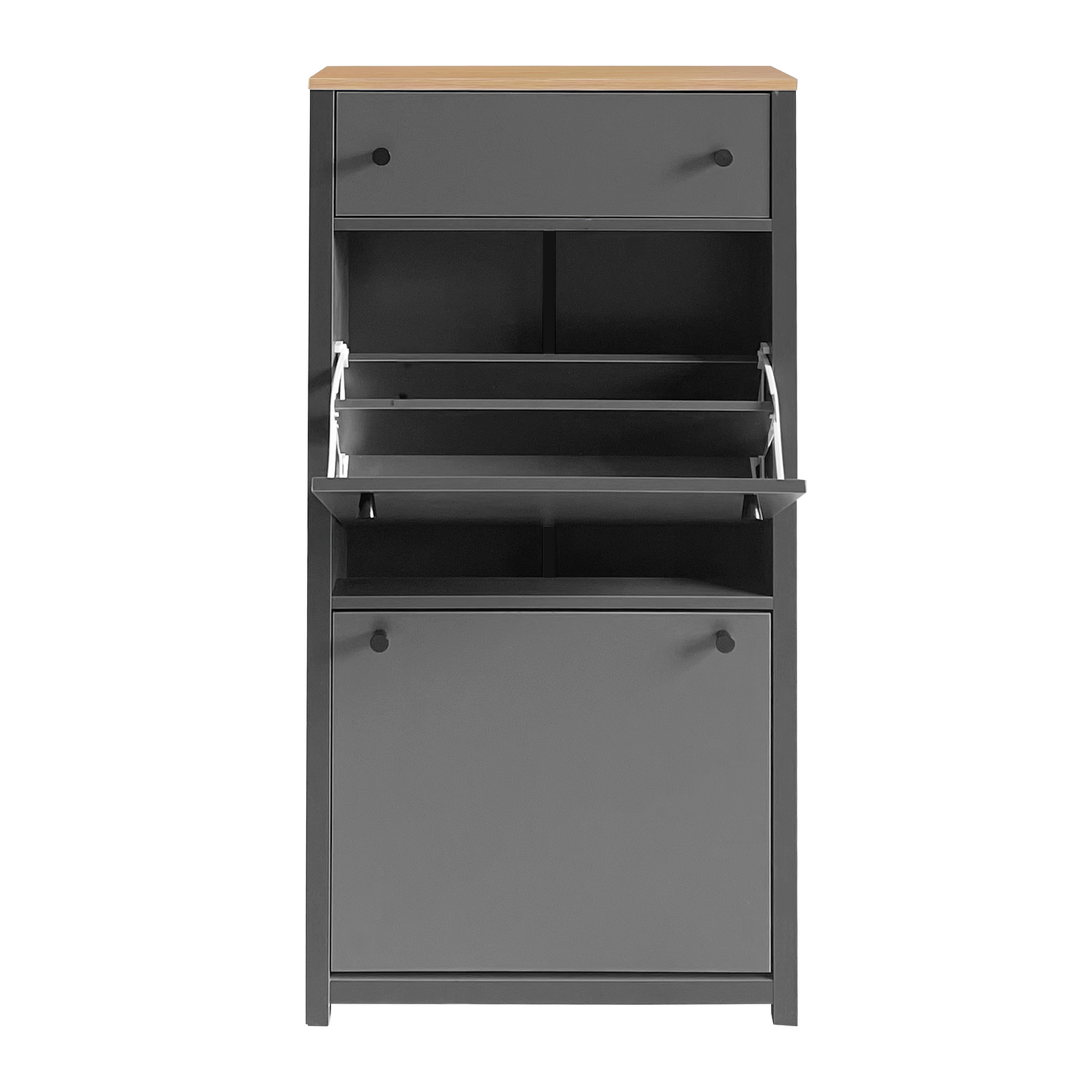 Gray hallway shoe cabinet with wooden top and two drawers