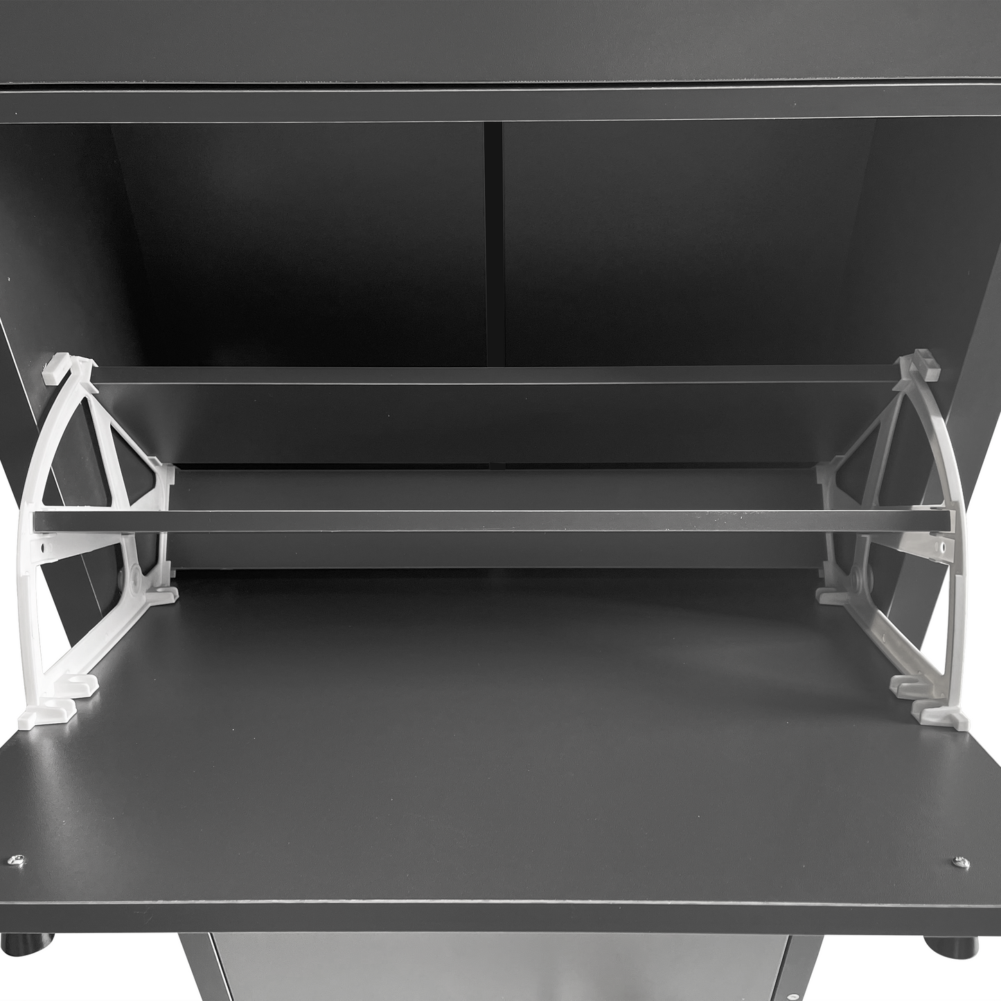 Dark grey metal shoe cabinet with white plastic support structure