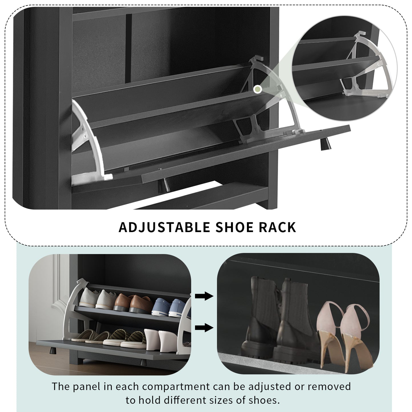 Dark gray contemporary shoe rack with tilting compartments open