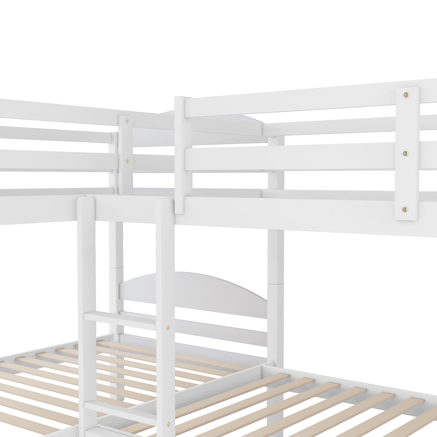 White wooden bunk bed corner detail showing mattress slats