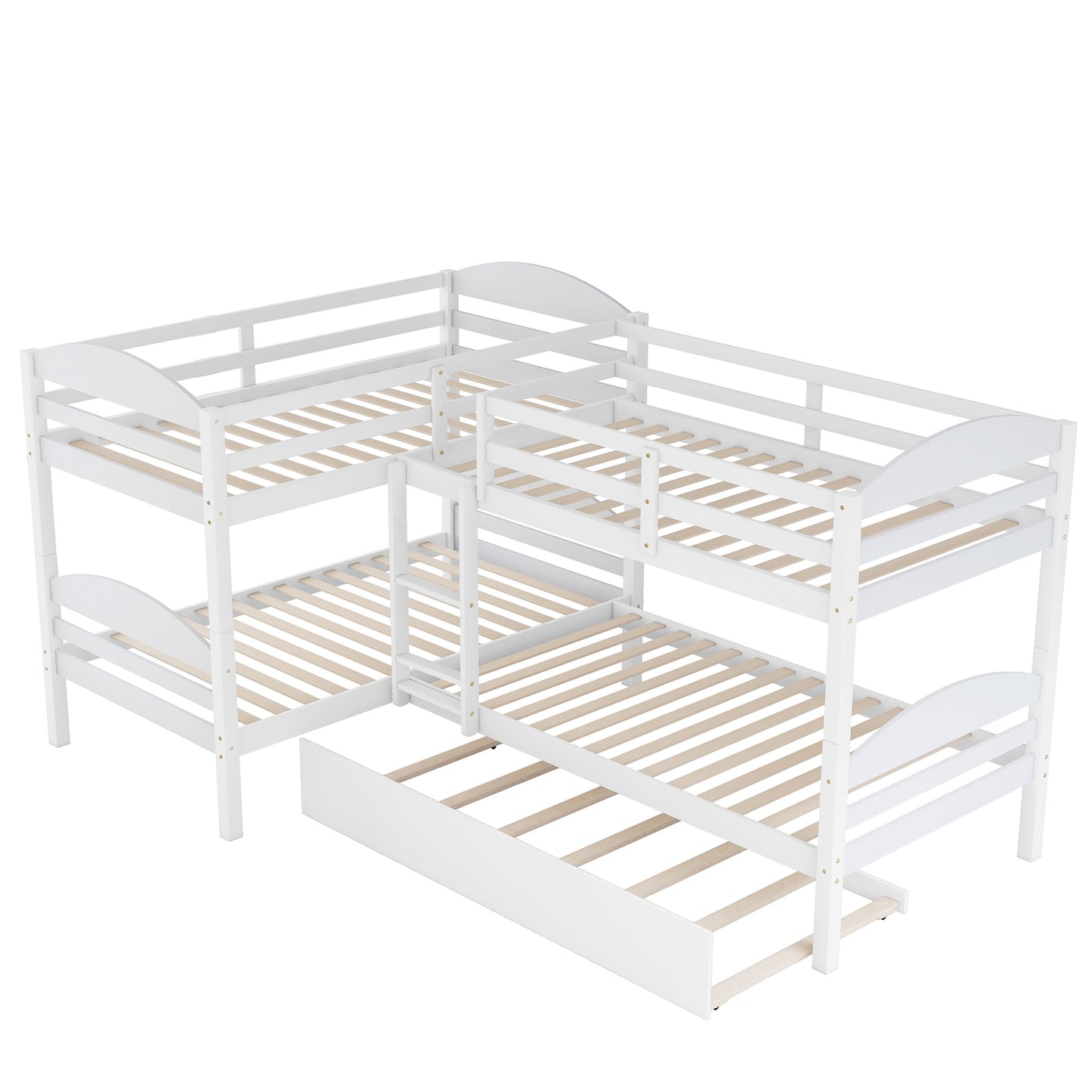 White wooden corner bunk bed with pullout trundle for kids