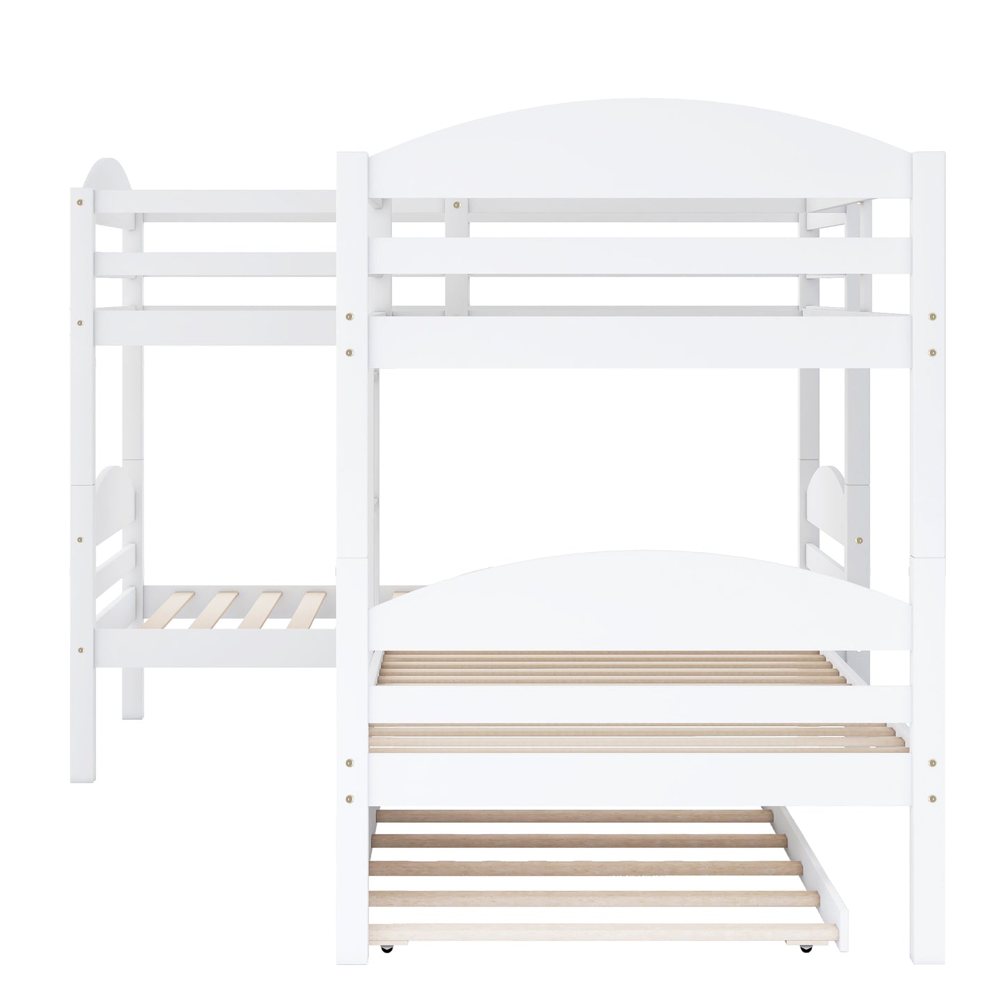 White wooden bunk bed with slatted base for childrens bedroom