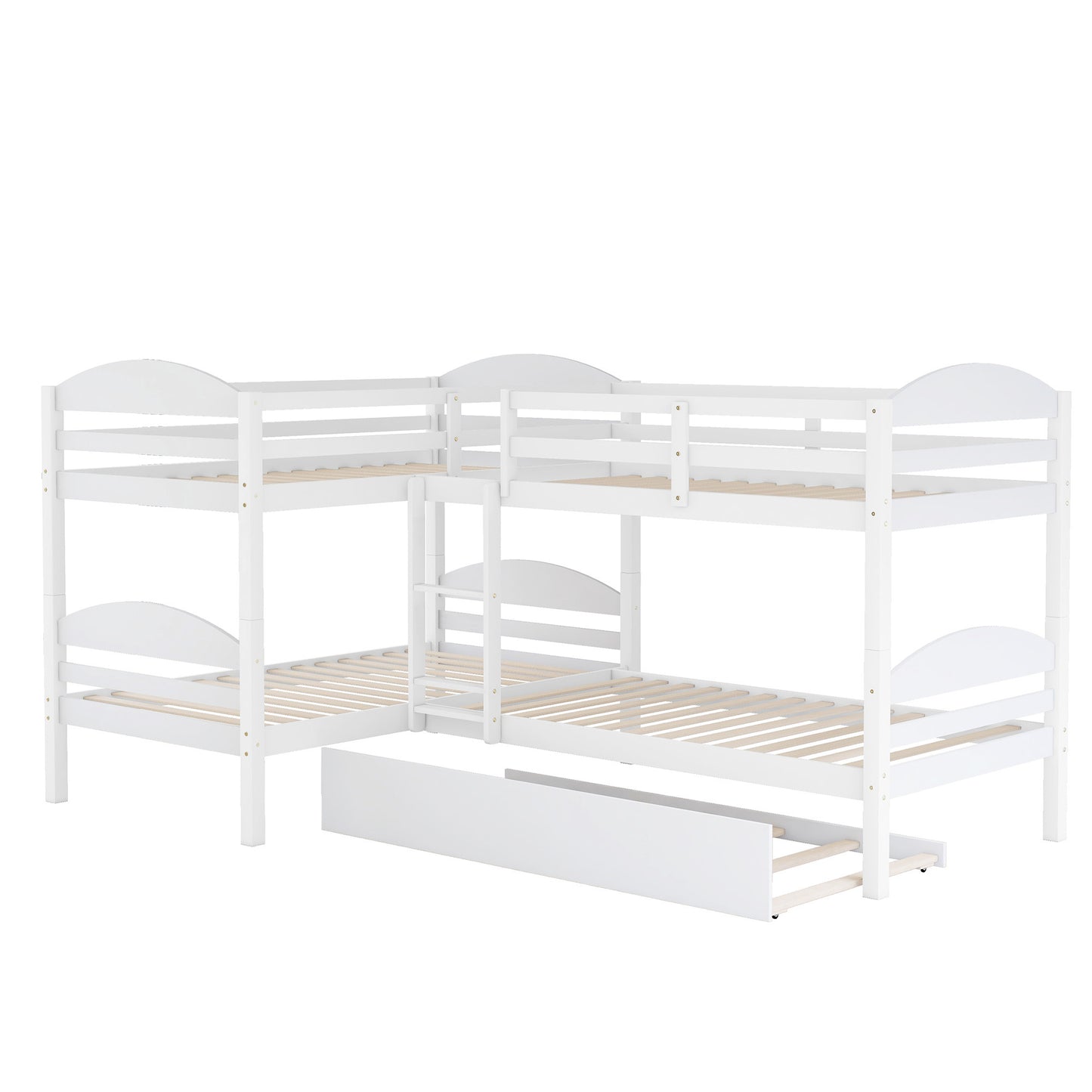 White wooden Lshaped bunk bed with a pullout drawer