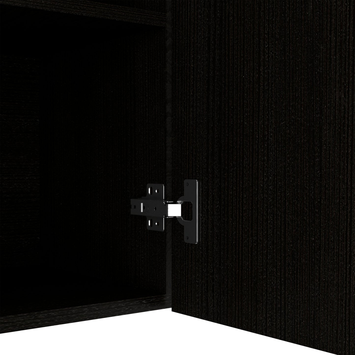 Dark wood cabinet door with visible metal hinge