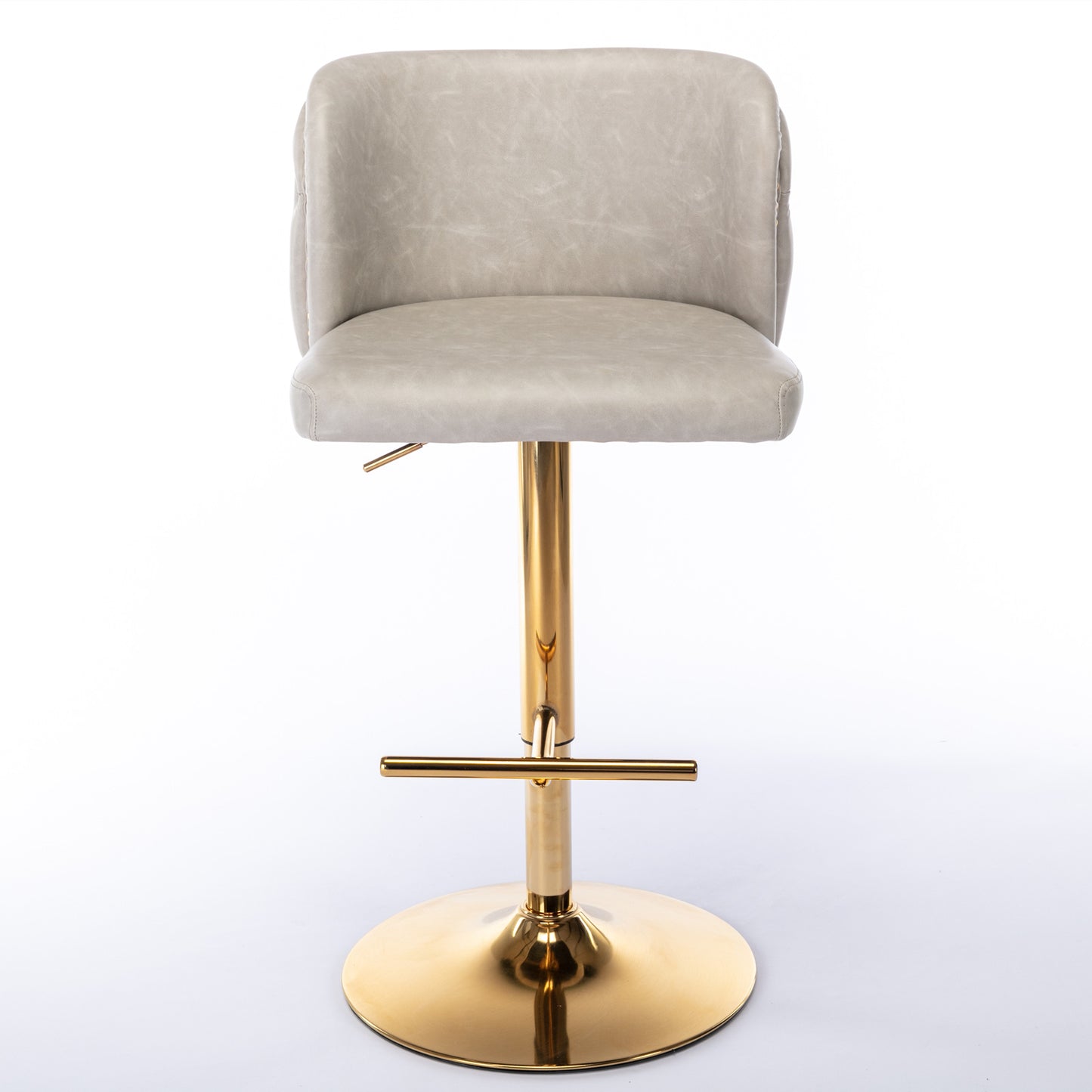 Gray faux leather bar stool with gold adjustable base and footrest