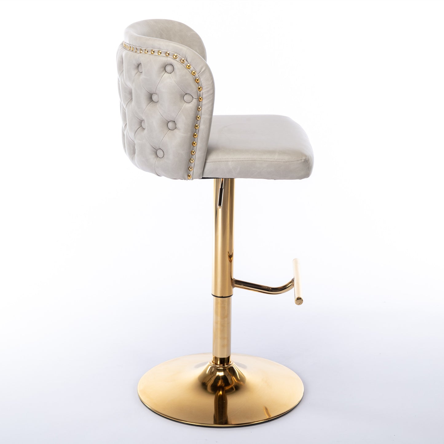 Elegant light gray tufted bar stool with gold base and nailhead trim