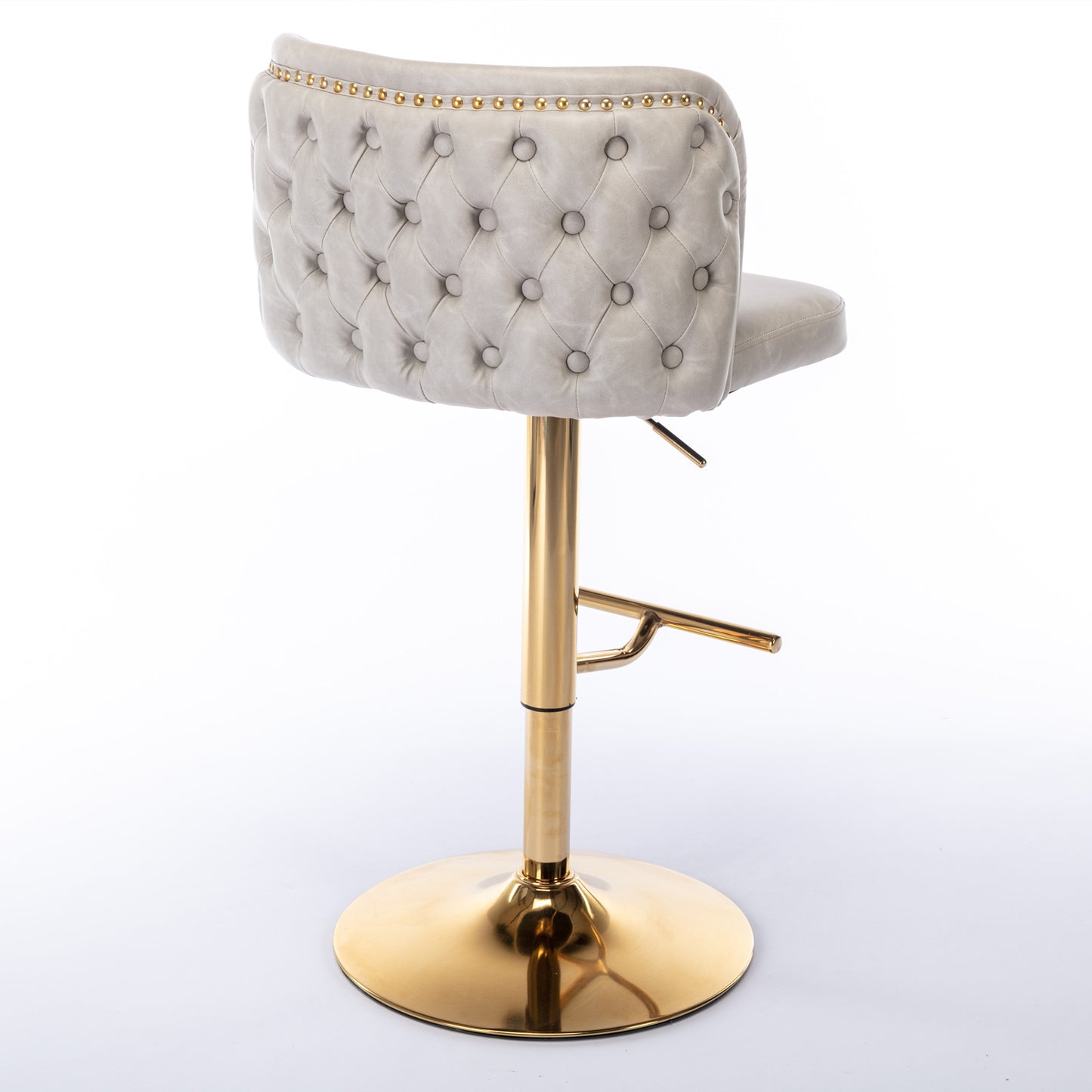 Tufted grey velvet bar stool with gold adjustable base