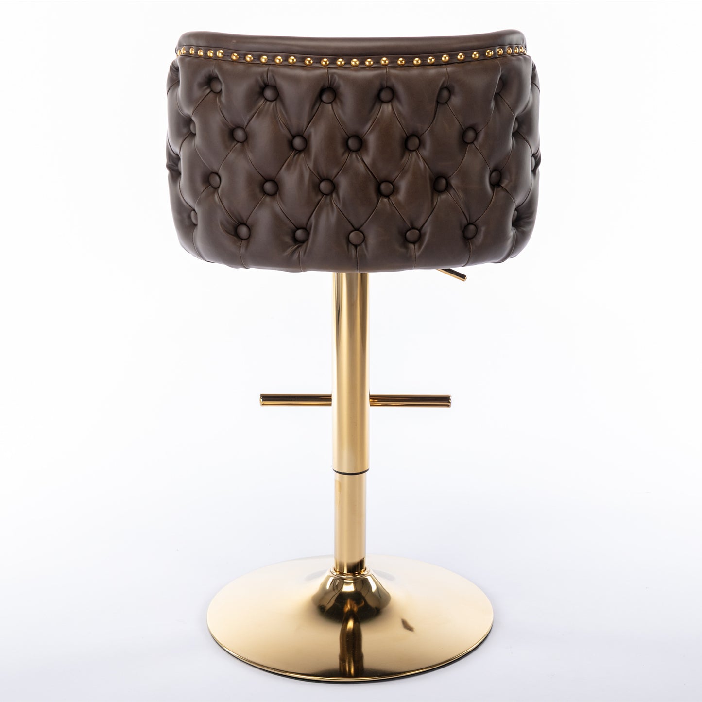 Brown tufted leather bar stool with gold base and adjustable height