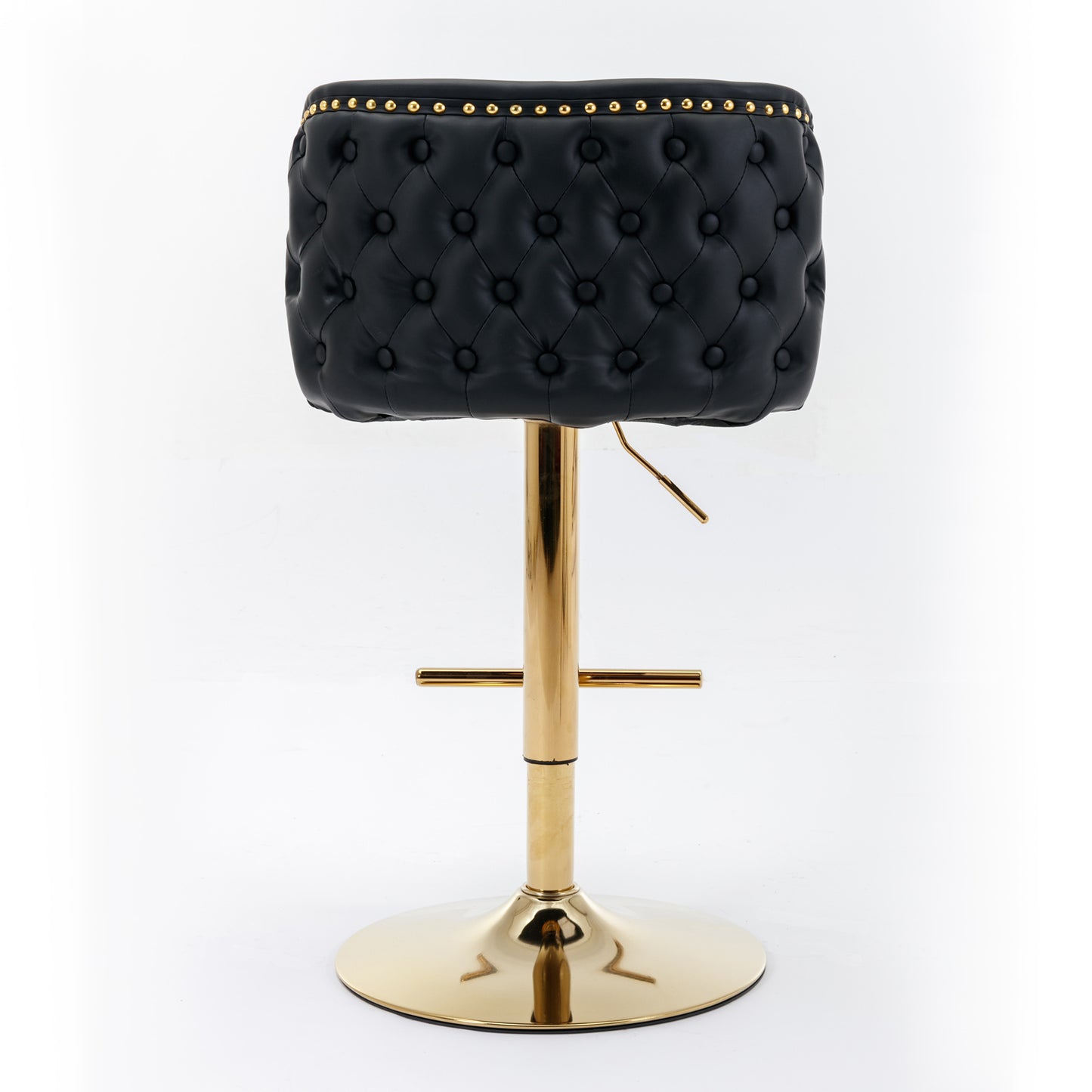 Black tufted bar stool with gold accents and adjustable height