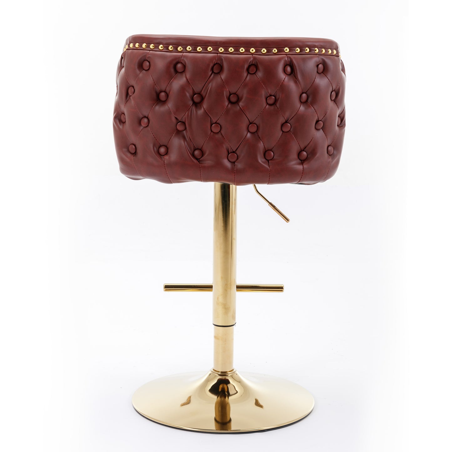 Brown tufted leather bar stool with gold accents and adjustable height