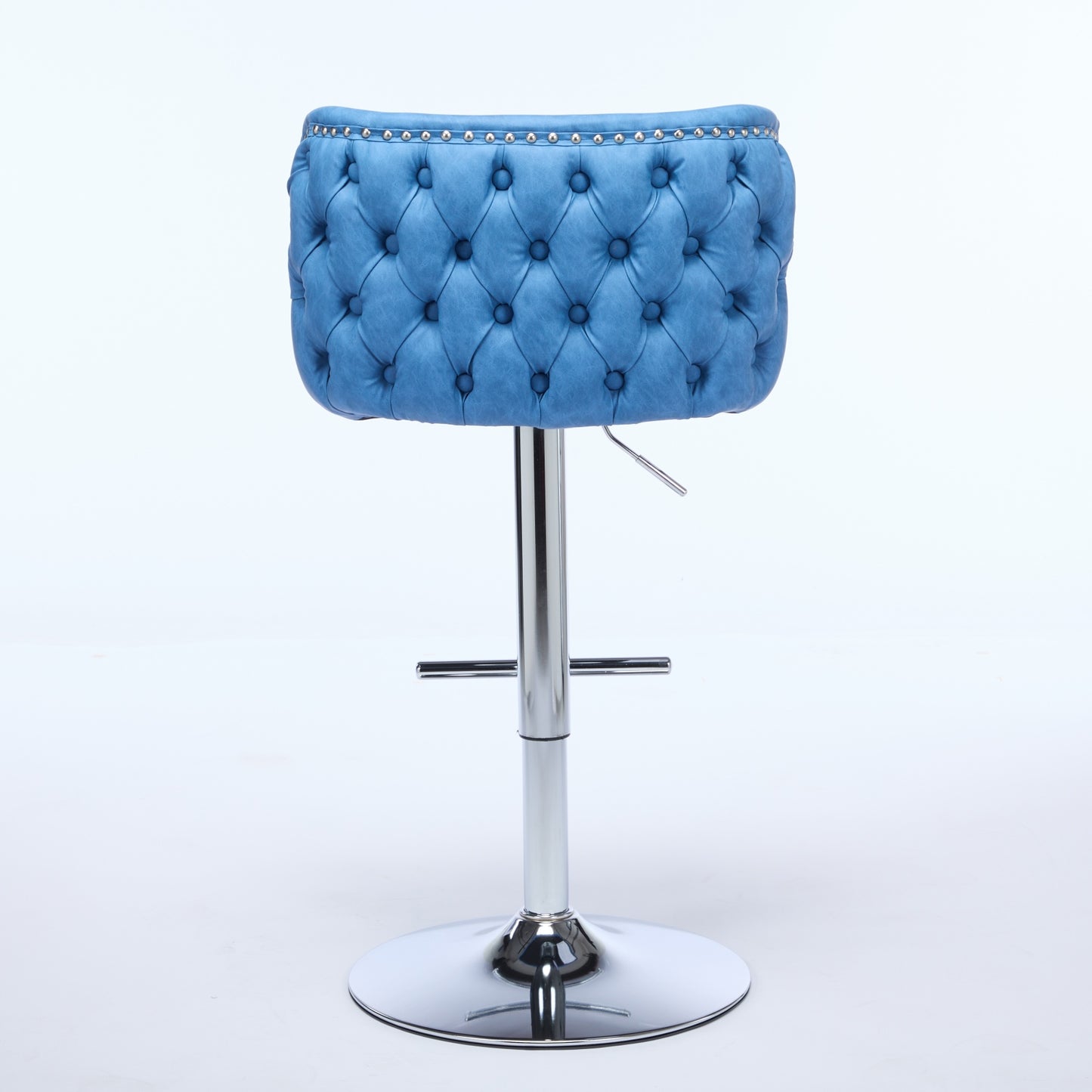 Blue tufted velvet bar stool with chrome base