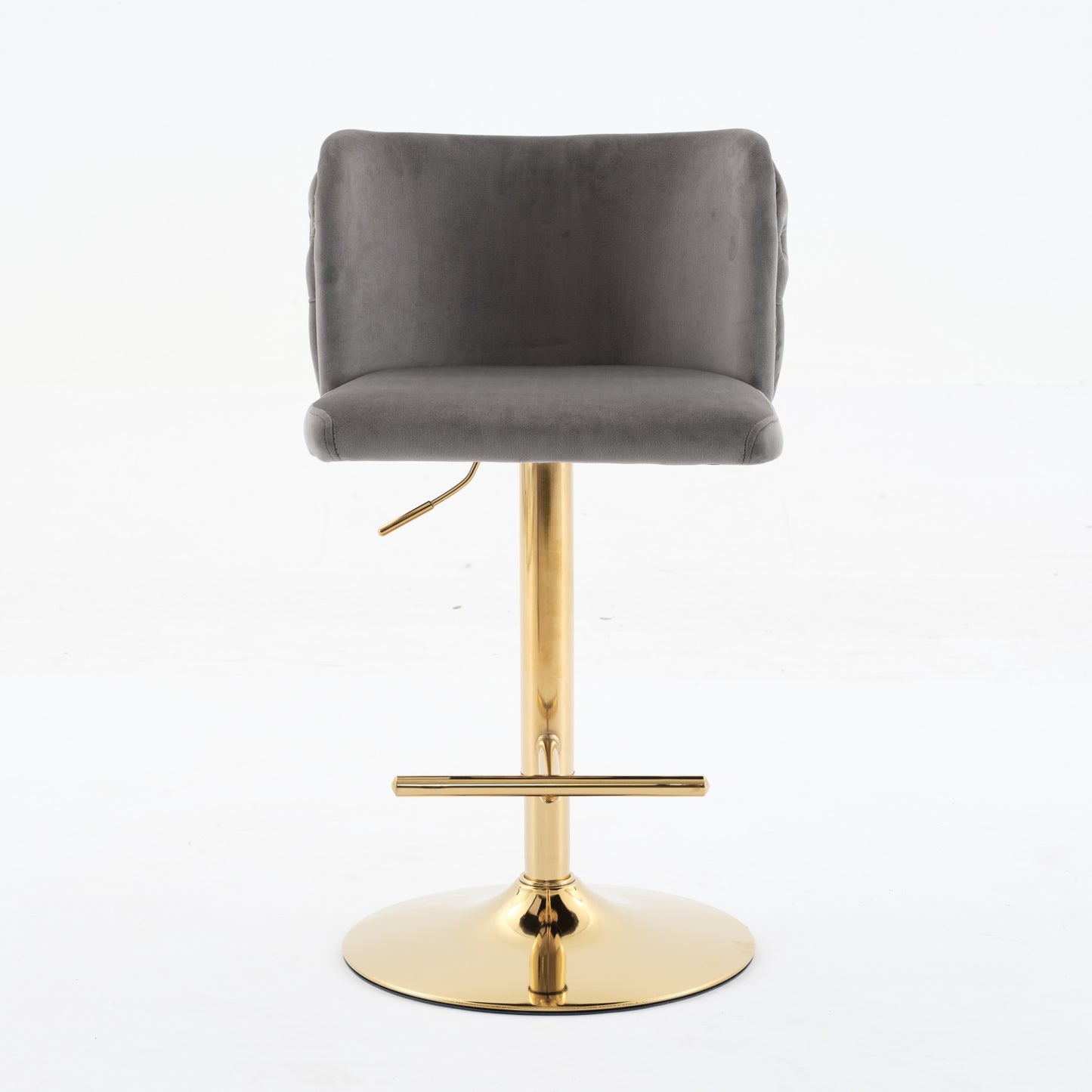 Grey velvet bar stool with gold adjustable base and footrest