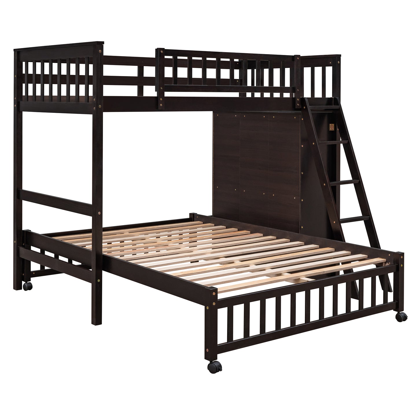 Dark brown wood triple bunk bed with ladder and integrated storage