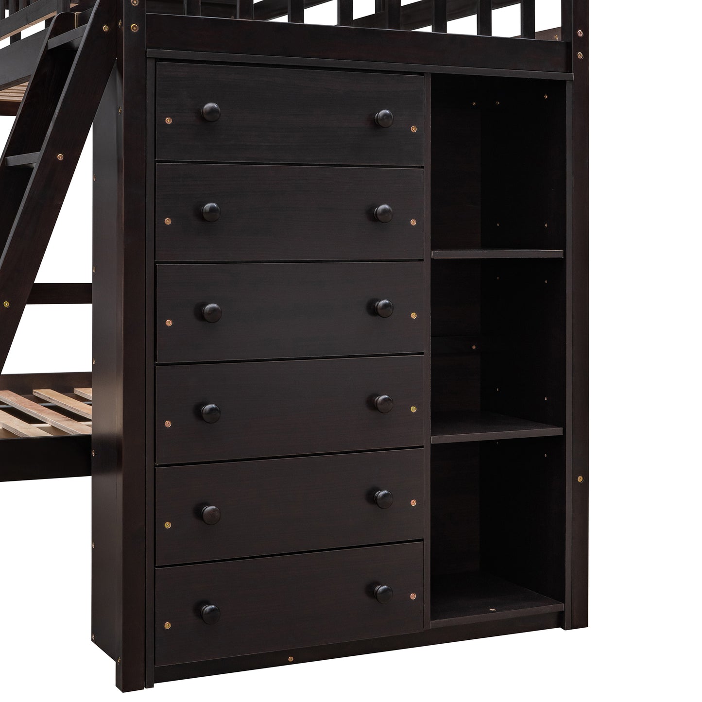 Dark espresso loft bed dresser with six drawers and open shelving