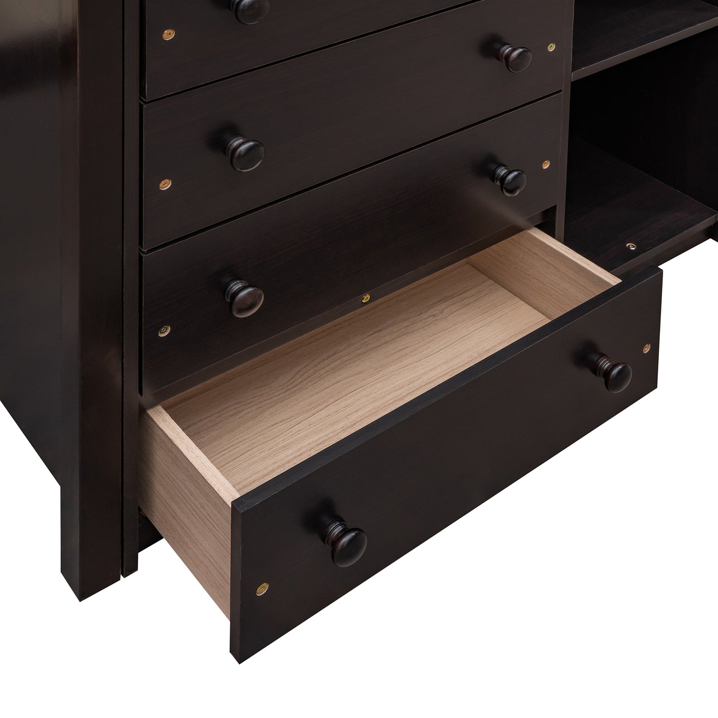 Dark brown wood dresser with one open drawer and wooden interior