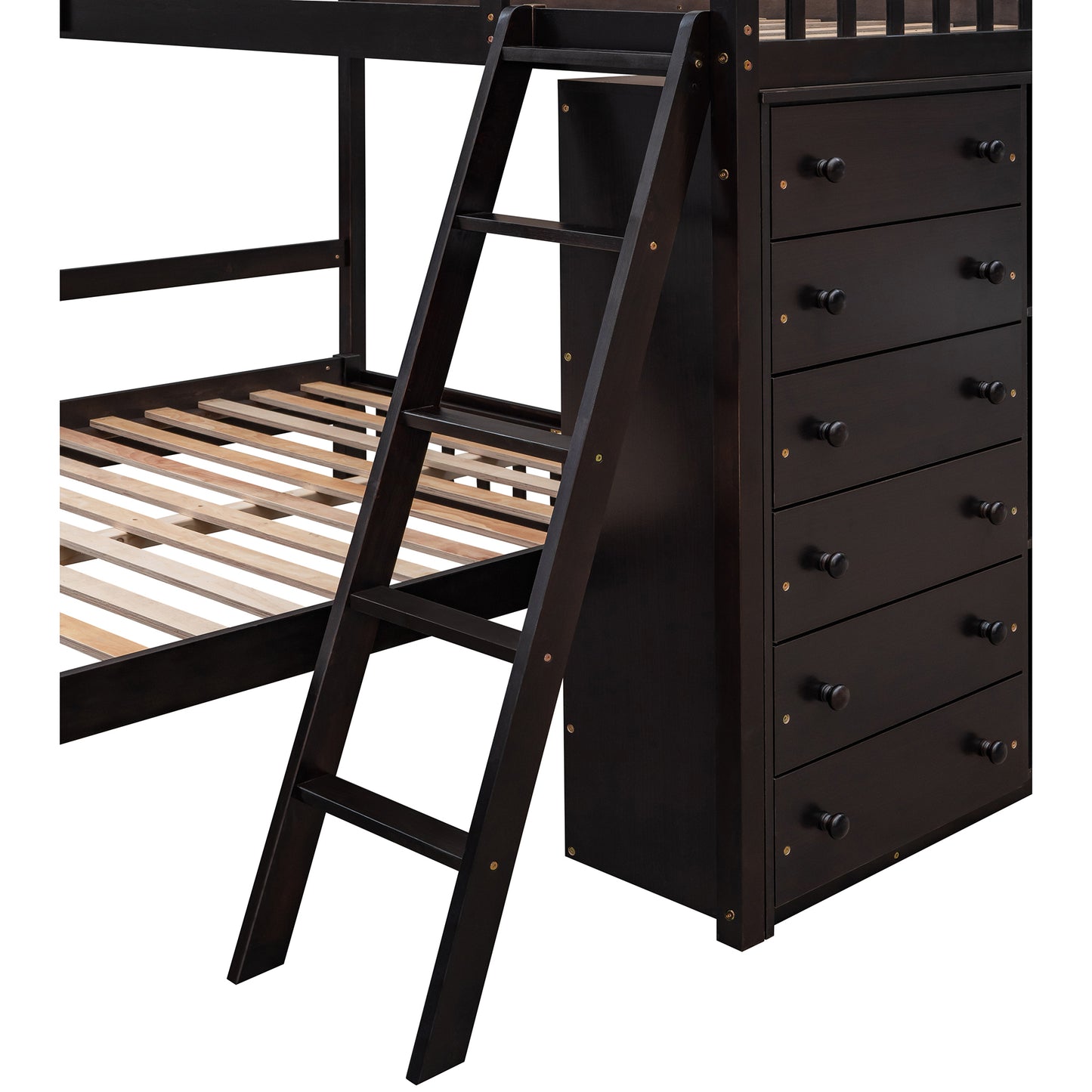 Dark brown wooden bunk bed with a builtin drawer dresser and angled ladder