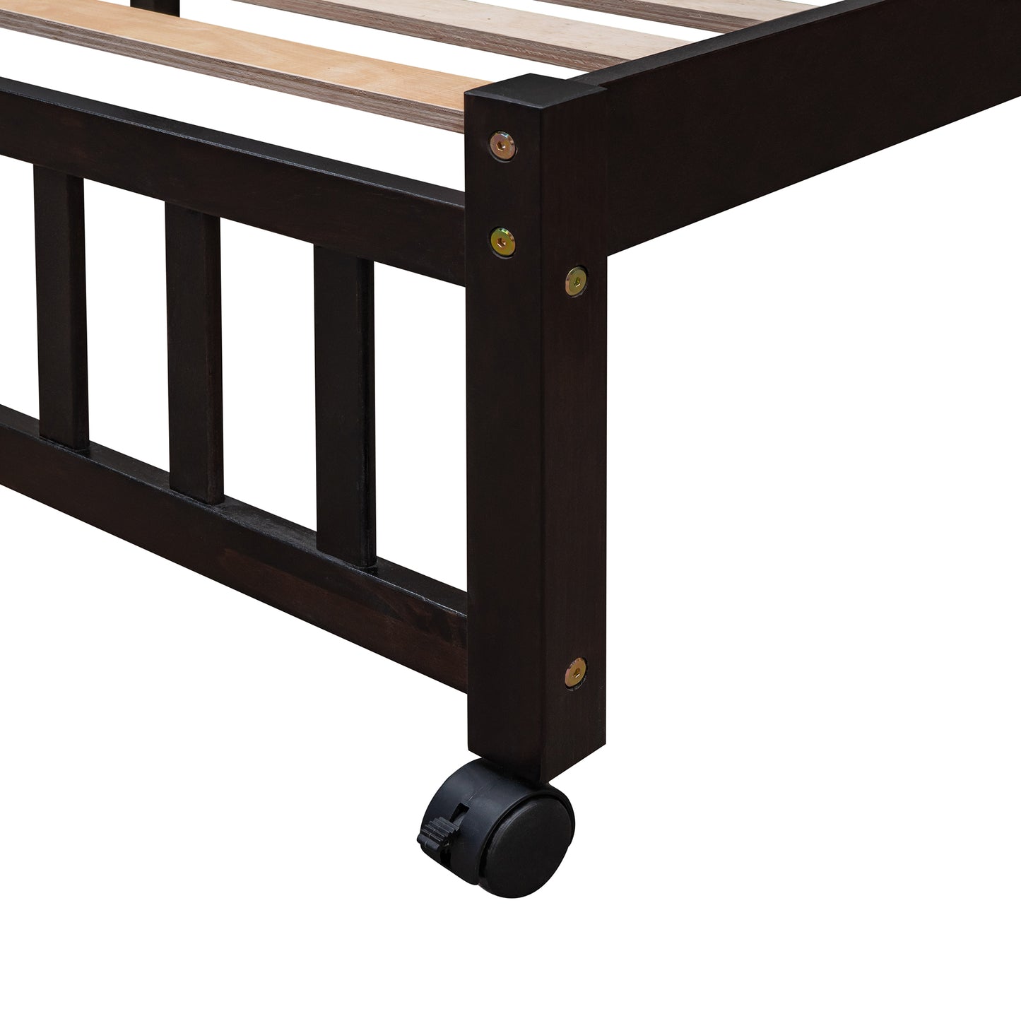 Dark brown wood bed frame corner with caster wheel