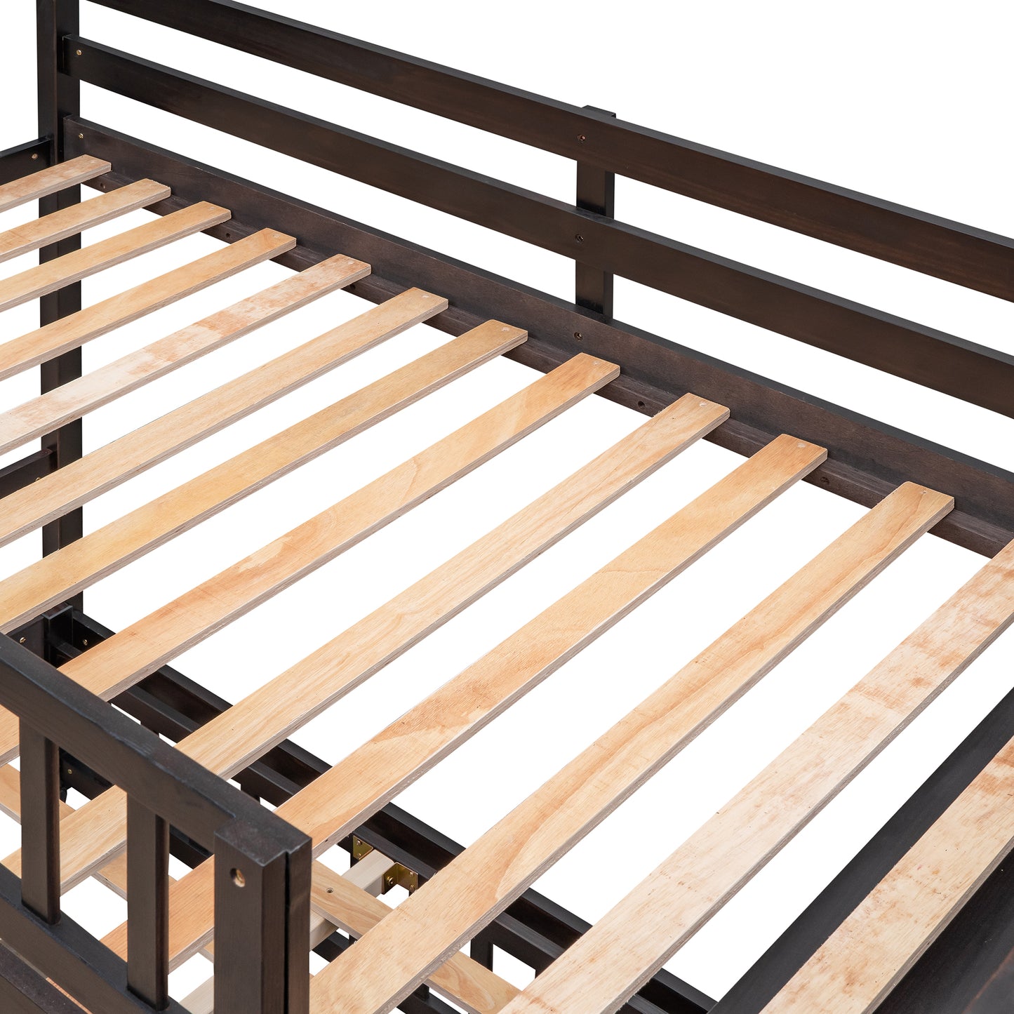 Dark wood daybed frame with slatted wooden support system