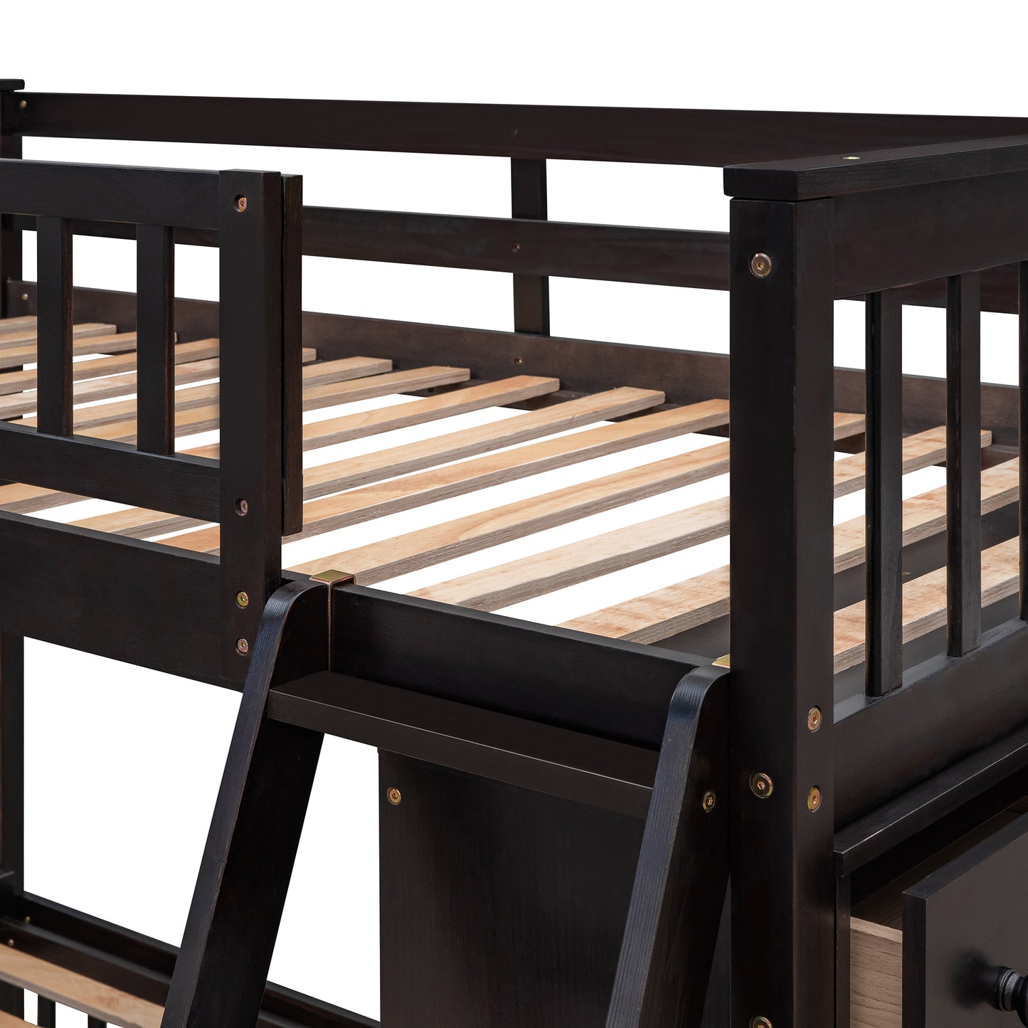 Dark wood bunk bed frame with slatted base and ladder